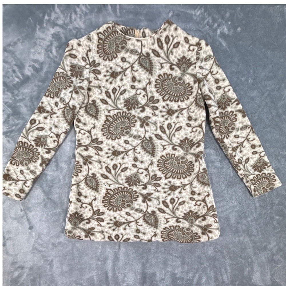 Vintage 60s 70s Paisley Floral Knit Tunic Top Mock Neck Brown Cream Zip USA